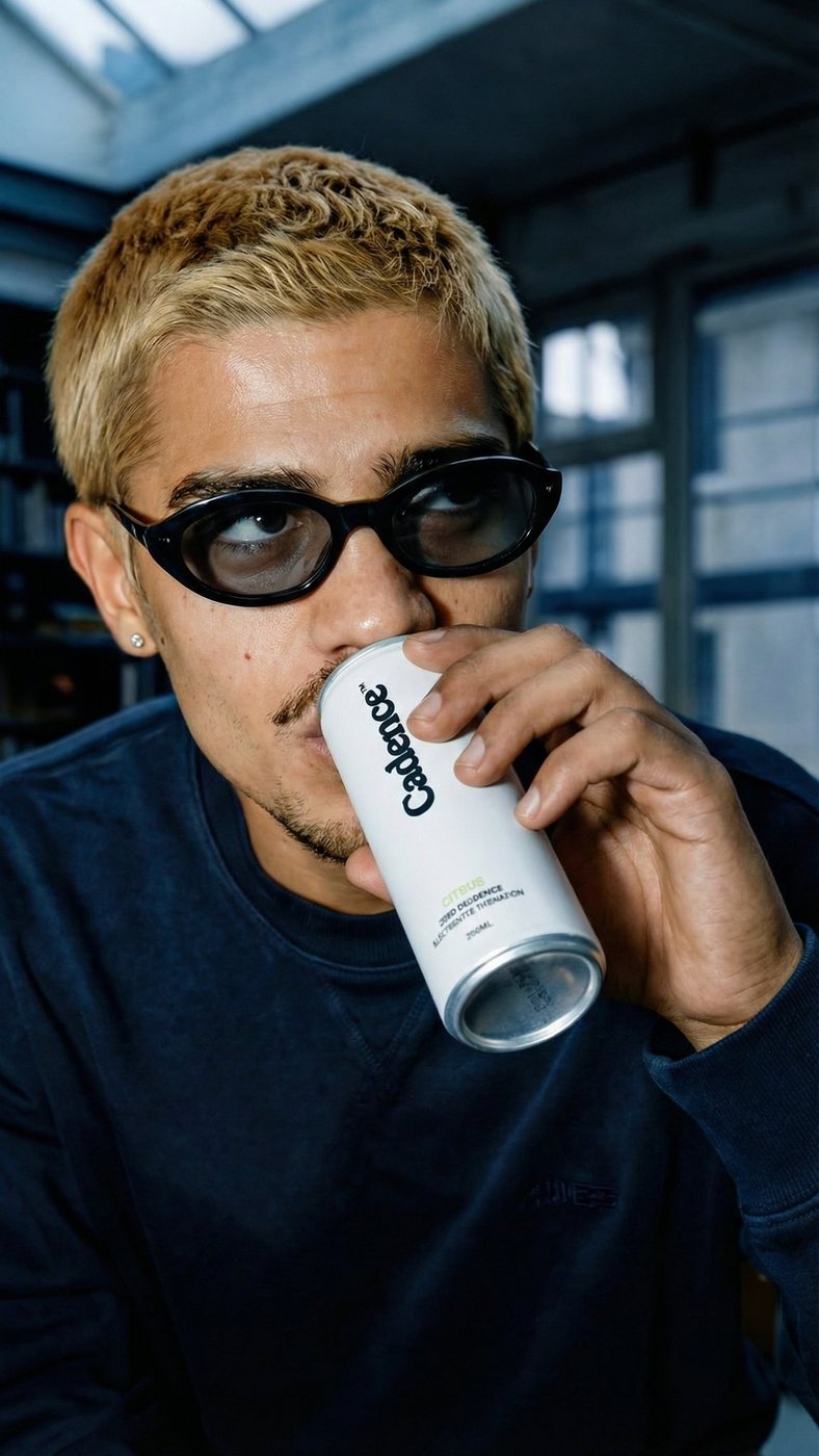 A man in dark sunglasses drinking from a Cadence can