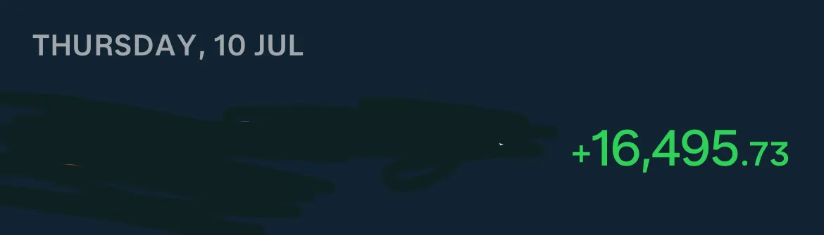 Bank transaction showing +16,495