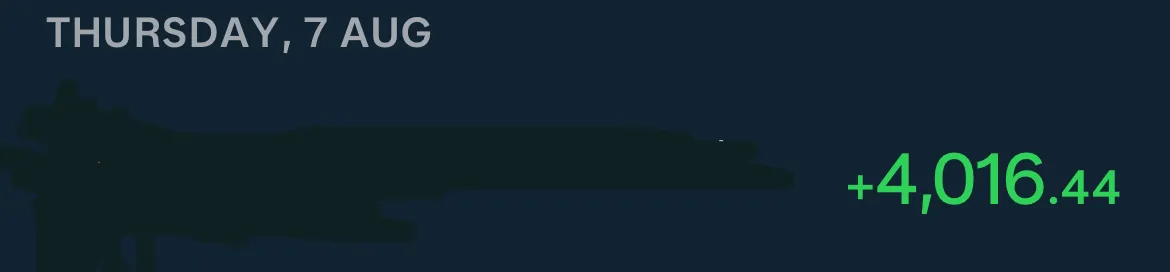 Bank transaction showing +4,016