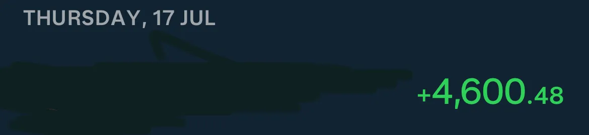 Bank transaction showing +4,600