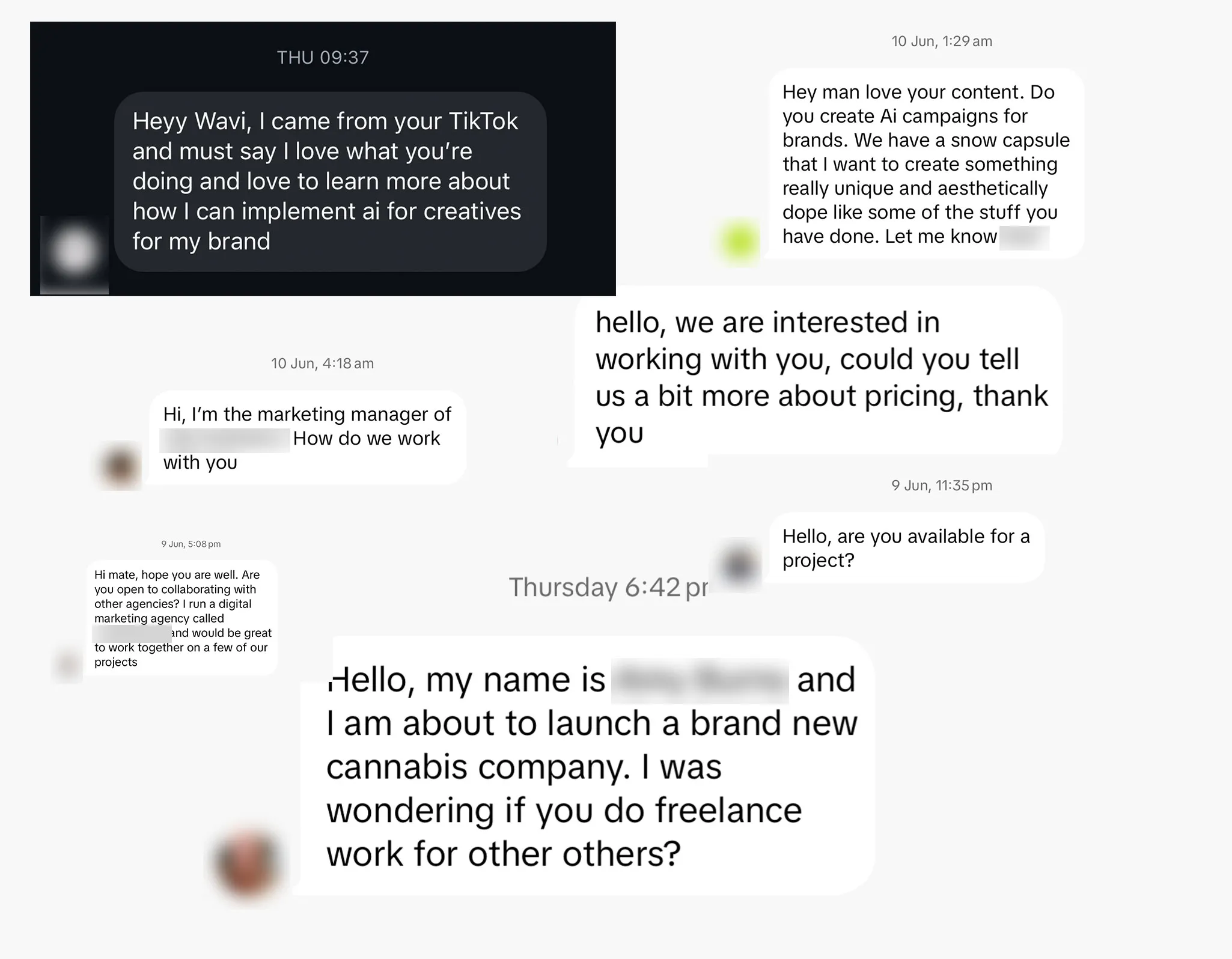 Collage of real inbound client messages