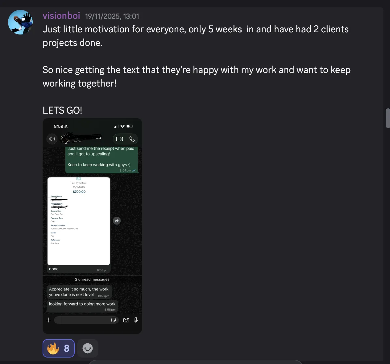 Visionboi's WhatsApp showing $700 client payment and repeat work